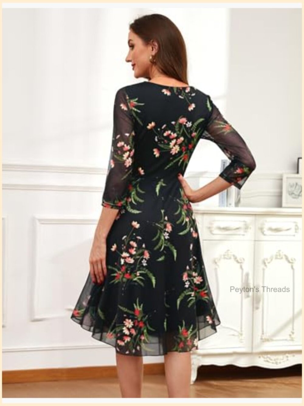 3/4 Sleeve Floral Mesh Midi Dress with Belt Cocktail Wedding Guest - Picture 3 of 6